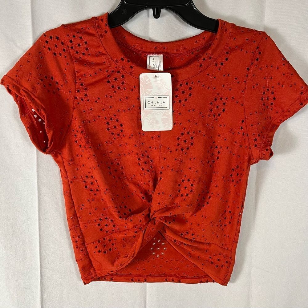 OH LA LA Women’s Twist Cropped Stretch Holes Short Sleeve Red Orange Size S NWT